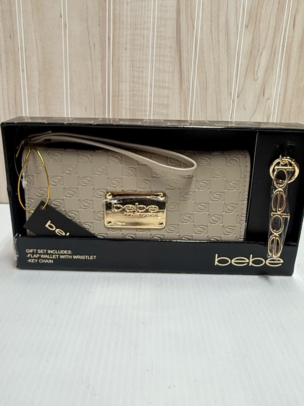 bebe Beige Quilted Logo Wristlet Wallet with Gold Hardware